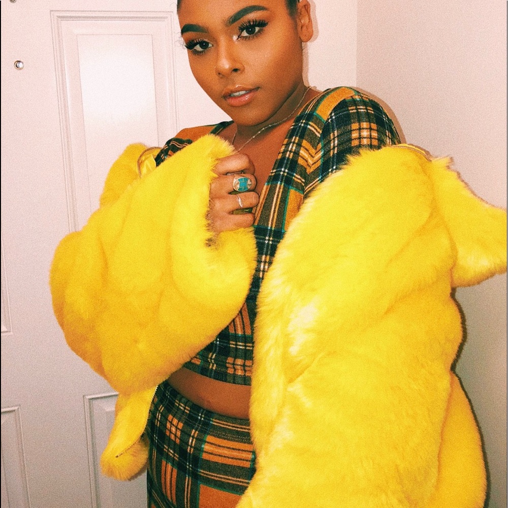 I AM GIA canary yellow faux fur coat